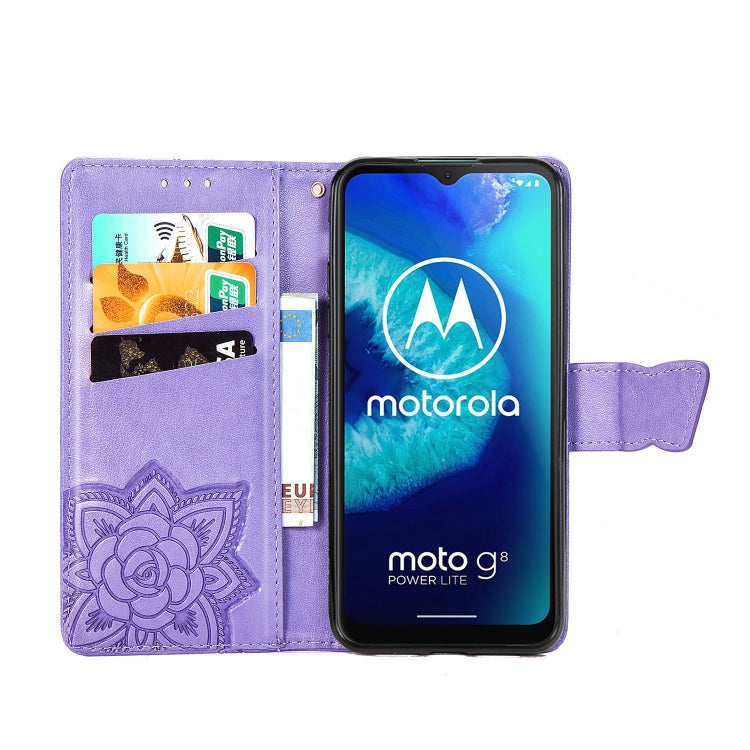 For Moto G8 Power Lite Butterfly Love Flower Embossed Horizontal Flip Leather Case with Bracket / Card Slot / Wallet / Lanyard(Light Purple)