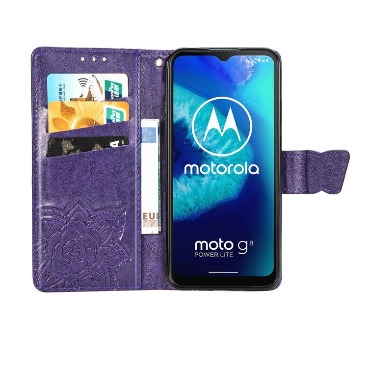 For Moto G8 Power Lite Butterfly Love Flower Embossed Horizontal Flip Leather Case with Bracket / Card Slot / Wallet / Lanyard(Dark Purple)