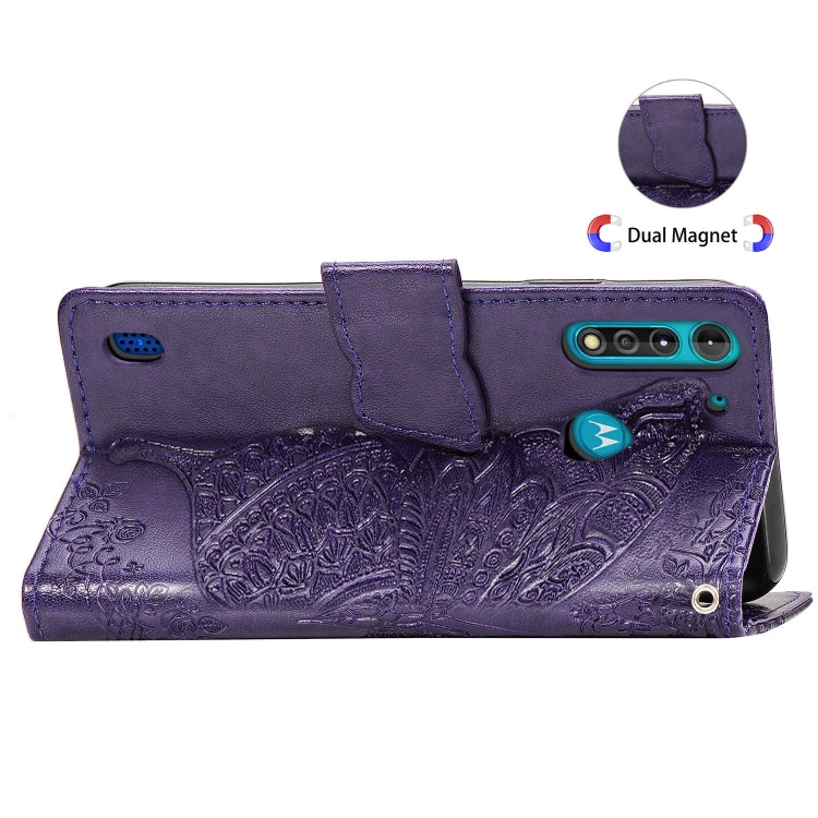 For Moto G8 Power Lite Butterfly Love Flower Embossed Horizontal Flip Leather Case with Bracket / Card Slot / Wallet / Lanyard(Dark Purple)