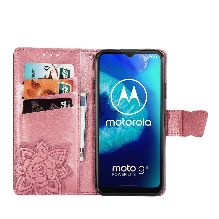 For Moto G8 Power Lite Butterfly Love Flower Embossed Horizontal Flip Leather Case with Bracket / Card Slot / Wallet / Lanyard(Pink)