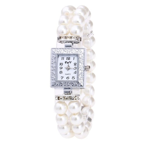 Square Dial Diamond Pearl Bracelet Watch(White)