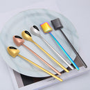 2 PCS Stainless Steel Spoon Creative Coffee Spoon Bar Ice Spoon Gold Plated Long Stirring Spoon, Style:Square Spoon, Color:Silver