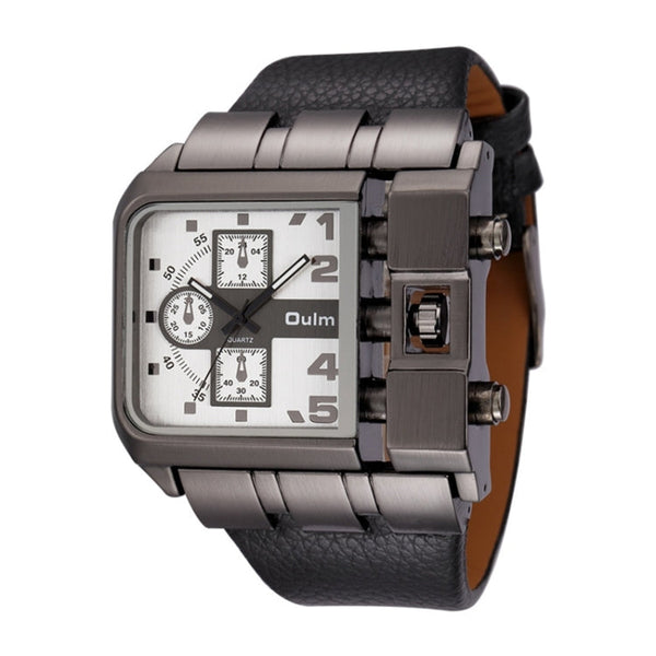 Oulm 3364 Men Square Dial Leather Belt Quartz Watch(White)