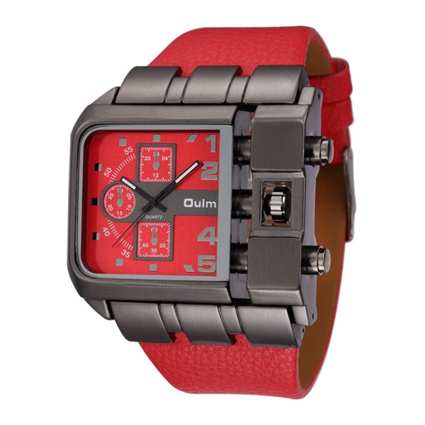 Oulm 3364 Men Square Dial Leather Belt Quartz Watch(Red)