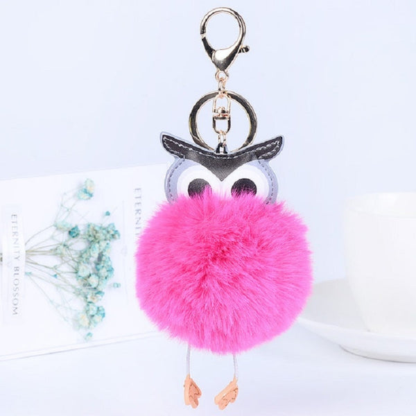 Owl Car Pendant Faux Fur Ball Keychain Handbag Hanging(Rose Red)
