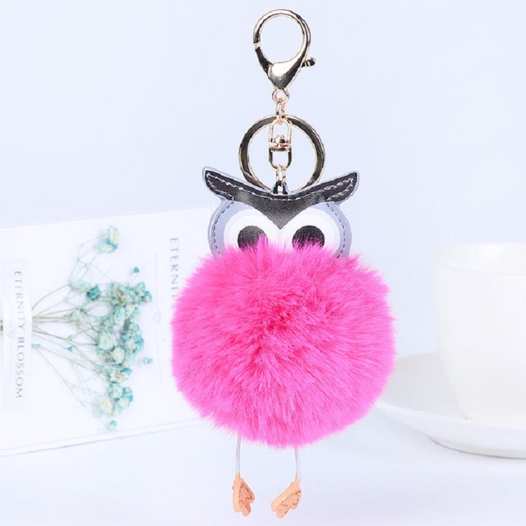 Owl Car Pendant Faux Fur Ball Keychain Handbag Hanging(Rose Red)