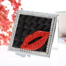 Handmade Diamond Mini Makeup Mirror Portable Double-sided Small Mirror Ruby Red Lips(Black)