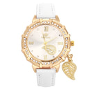 Dial Plated Diamond PU Leather Belt Watch with Leaf Pendant(White)