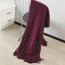Pearl Tassel Thick Cashmere Knit Scarf, Size: 180 x 90cm(Wine red)
