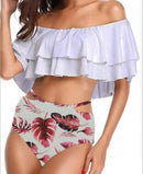 Sexy High Waist Swimsuit Women Ruffle Off Shoulder Bikinis, Size:M(Pink)