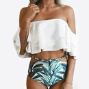 Sexy High Waist Swimsuit Women Ruffle Off Shoulder Bikinis, Size:M(Pink)