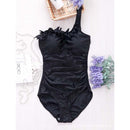 Sexy Women Solid Swimwear One Shoulder Halter One Piece Retro Beach Suits, Size:M(Black)