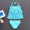 Baby Girl Mermaid Ruffle Floral Beach Swimwear Bikini Set, Size:120(blue)