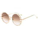 Women Sunglasses Metal Round Frame Pearl Embellished Sunglasses(Gold Frame Brown Lens)