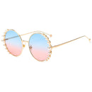 Women Sunglasses Metal Round Frame Pearl Embellished Sunglasses(Gold Frame Blue Pink Lens)