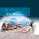 Women Sunglasses Metal Round Frame Pearl Embellished Sunglasses(Gold Frame Blue Pink Lens)