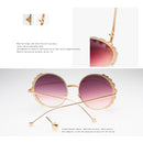 Women Sunglasses Metal Round Frame Pearl Embellished Sunglasses(Gold Frame Blue Lens)