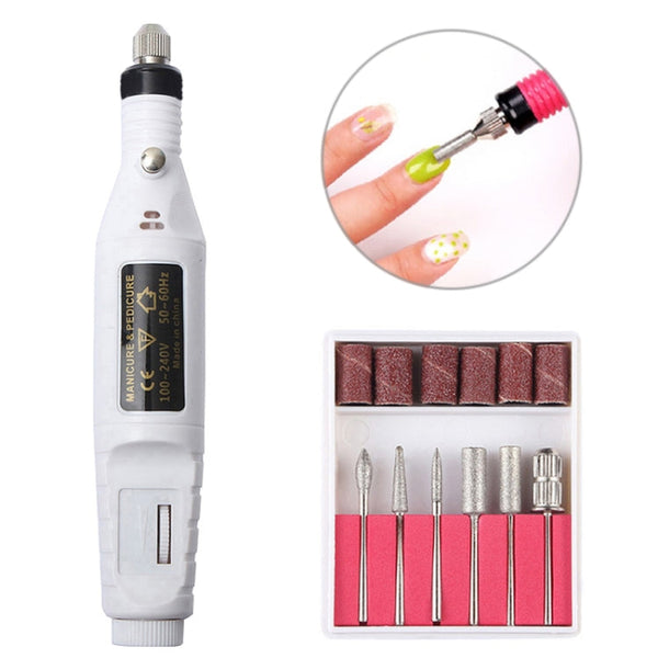 1 Set Power Professional Electric Manicure Machine Pen Pedicure Nail File Nail Tools 6 bits Drill Nail Drill Machine(US White)