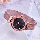Luxury Mesh Ladies Clock Magnet Buckle Starry Diamond Geometric Quartz Wristwatch Women Watches(Black)