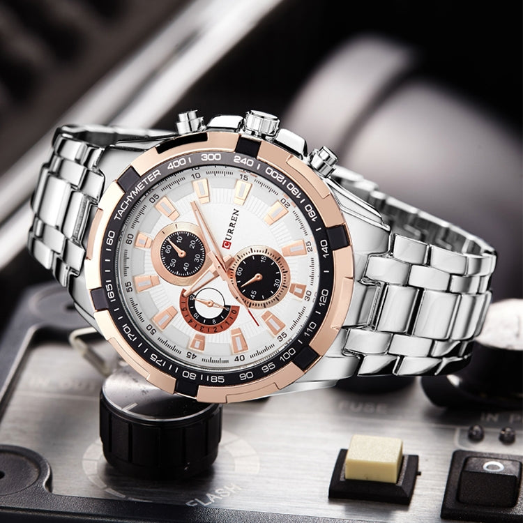CURREN 8023 Men Stainless Steel Analog Sport Quartz Watch(Silver case gold face)