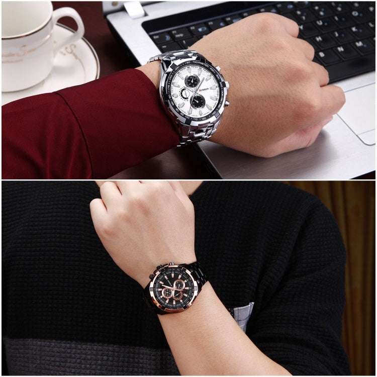CURREN 8023 Men Stainless Steel Analog Sport Quartz Watch(Silver case gold face)