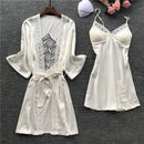 Women Robe & Gown Sets Sexy Lace Lounge Pijama Long Sleeve Ladies Nightwear Bathrobe Night Dress with Chest Pads, Size:XL(White)
