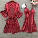 Women Robe & Gown Sets Sexy Lace Lounge Pijama Long Sleeve Ladies Nightwear Bathrobe Night Dress with Chest Pads, Size:XL(Red)