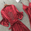 Women Robe & Gown Sets Sexy Lace Lounge Pijama Long Sleeve Ladies Nightwear Bathrobe Night Dress with Chest Pads, Size:XL(Red)