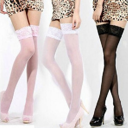 3 Pairs Sexy Womens Thin Sheer Lace Stocking Top Stay Up Thigh High Hold-ups Stockings Pantyhose(Purple)