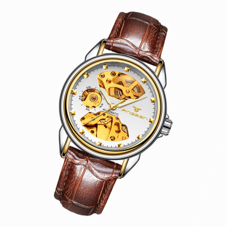 FNGEEN 8818 Women Automatic Mechanical Watch Double-Sided Hollow Watch(Leather Between Gold White Surface)