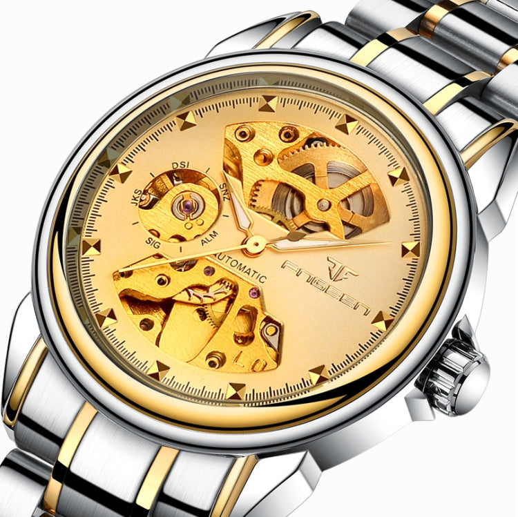 FNGEEN 8818 Women Automatic Mechanical Watch Double-Sided Hollow Watch(Leather Between Gold White Surface)