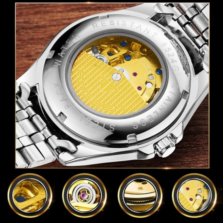 FNGEEN 8818 Women Automatic Mechanical Watch Double-Sided Hollow Watch(Leather Between Gold White Surface)