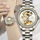 FNGEEN 8818 Women Automatic Mechanical Watch Double-Sided Hollow Watch(Leather Between Gold White Surface)