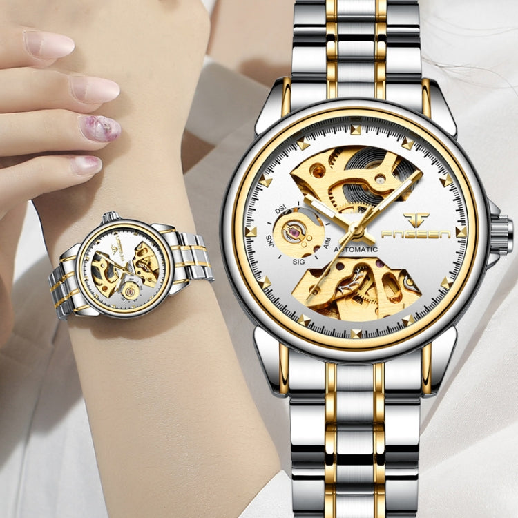 FNGEEN 8818 Women Automatic Mechanical Watch Double-Sided Hollow Watch(Leather Between Gold White Surface)