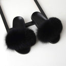 Fox Fur Slippers Flip-flops Non-slip Flat Fur Shoes Sandals for Women, Shoe Size:38-39(24cm)(Black)