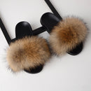Fox Fur Slippers Flip-flops Non-slip Flat Fur Shoes Sandals for Women, Shoe Size:38-39(24cm)(Black)