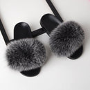 Fox Fur Slippers Flip-flops Non-slip Flat Fur Shoes Sandals for Women, Shoe Size:38-39(24cm)(Black)