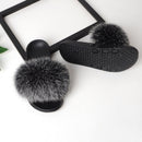 Fox Fur Slippers Flip-flops Non-slip Flat Fur Shoes Sandals for Women, Shoe Size:38-39(24cm)(Black)