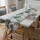 Modern Minimalist Jacquard Dining Table Cloth Tea Table Bed Flag With Tassel, Size:32x220cm(Green Grey Flowers)