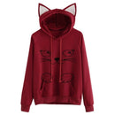 Solid Black Hooded Top Cute Cat Hoodie Warm Womens Sports Sweater, Size:M(Wine Red)