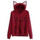 Solid Black Hooded Top Cute Cat Hoodie Warm Womens Sports Sweater, Size:M(Wine Red)