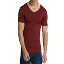 Men Ice Silk Quick Dry T-shirt Short Sleeve V Neck Solid Color Seamless Breathable Top(Wine Red)