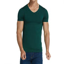 Men Ice Silk Quick Dry T-shirt Short Sleeve V Neck Solid Color Seamless Breathable Top(Dark Green)