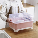 Creative Kitchen Double Layer With Lid Plastic Drain Dish Rack Desktop Tableware Storage Box(Blue)