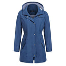 Casual Women Waterproof Waist Hooded Long Coat, Size:XXL (Cow Blue)