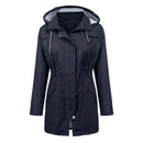 Casual Women Waterproof Waist Hooded Long Coat, Size:XXL (Navy Blue)