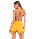 Sexy Open Back V-neck Hanging Neck Leisure Ruffle Beach Jumpsuit, Size: M(Yellow)