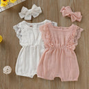 Summer Baby Girl Rompers Toddler Flare Sleeve Solid Lace Design Romper Jumpsuit with Headband, Size:70CM(Pink)