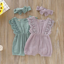 Summer Baby Girl Rompers Toddler Flare Sleeve Solid Lace Design Romper Jumpsuit with Headband, Size:70CM(Pink)