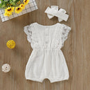 Summer Baby Girl Rompers Toddler Flare Sleeve Solid Lace Design Romper Jumpsuit with Headband, Size:70CM(Pink)